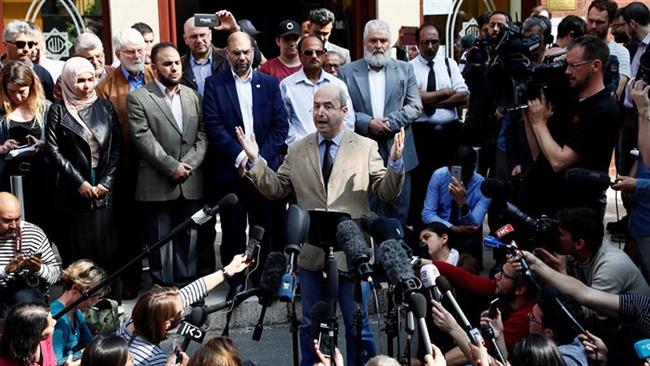 Fawzi Haffar, a trustee at the Manchester Islamic Center in Didsbury, speaks to journalists on Wednesday, 24 May 2017. (Reuters photo)
