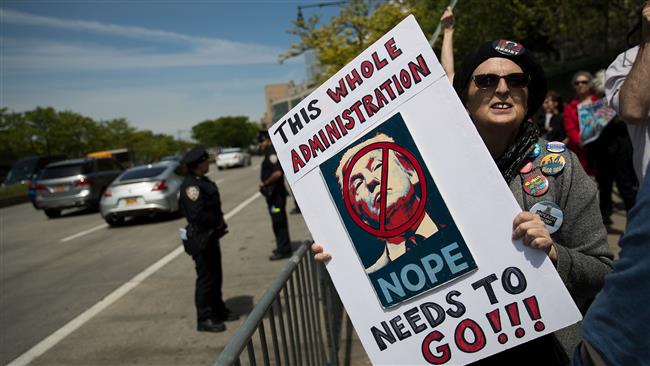 Demonstrators protest along the West Side Highway ahead of President Donald Trump