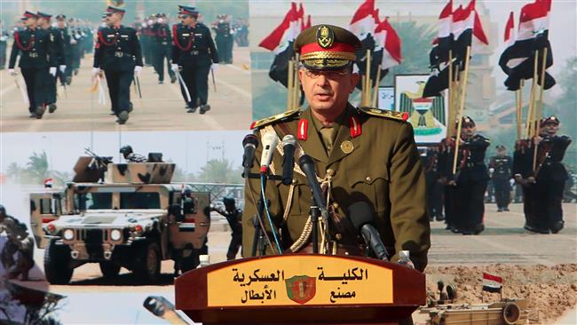 Chief of Staff of the Iraqi Army Othman al-Ghanmi addresses troops during a graduation ceremony at the Rustamiyah military camp on the southeastern outskirts of Baghdad, January 6, 2017. (Photo by AFP)
