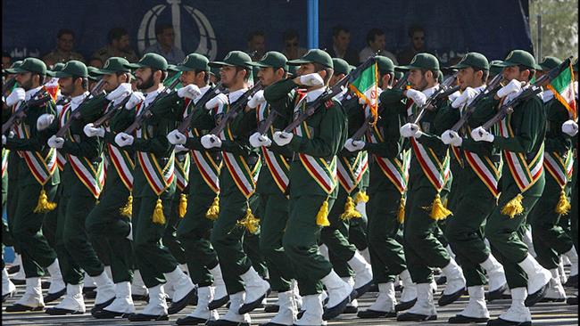 IRGC troops march during a ceremony in Tehran in this file photo.
