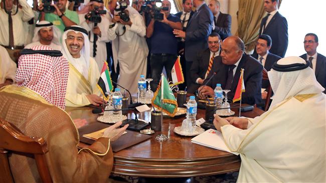 Saudi Foreign Minister Adel al-Jubeir (L), UAE Minister of Foreign Affairs Abdullah bin Zayed Al Nahyan (2nd-L), Egyptian Foreign Minister Sameh Shoukry (2nd-R), and Bahraini Foreign Minister Khalid bin Ahmed Al Khalifa (R) meet to coordinate their behavior toward Qatar, in the Egyptian capital, Cairo, July 5, 2017. (Photo by AFP)
