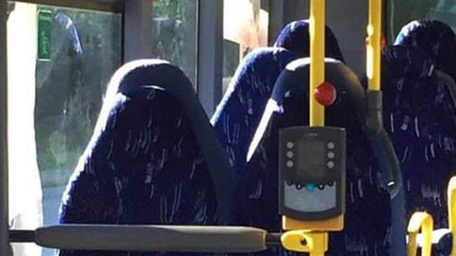 This undated image shared on the Facebook page of Fatherland First, a Norwegian anti-immigrant group, shows a line of black empty seats on a bus, which the group confused with women wearing burkas.
