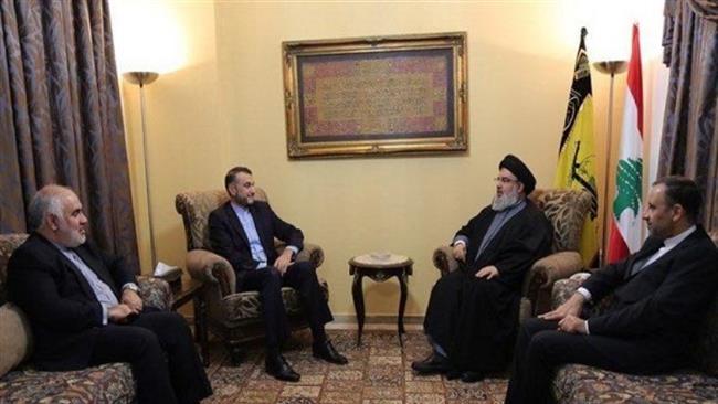 Hezbollah Secretary General Sayyed Hassan Nasrallah (2nd, R) meets with Hossein Amir-Abdollahian (2nd, L), a special adviser on international affairs to the Iranian parliament speaker, in Beirut, Lebanon, on August 2, 2017.
