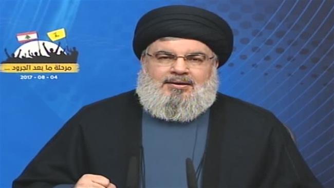 Hezbollah Secretary General Sayyed Hassan Nasrallah delivers a televised speech on August 4, 2017.
