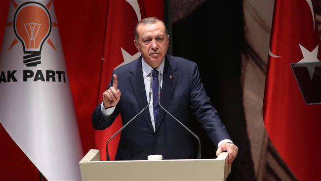 This photo taken on July 01, 2017, shows Turkish President Recep Tayyip Erdogan gesturing as he delivers a speech during the AK Party