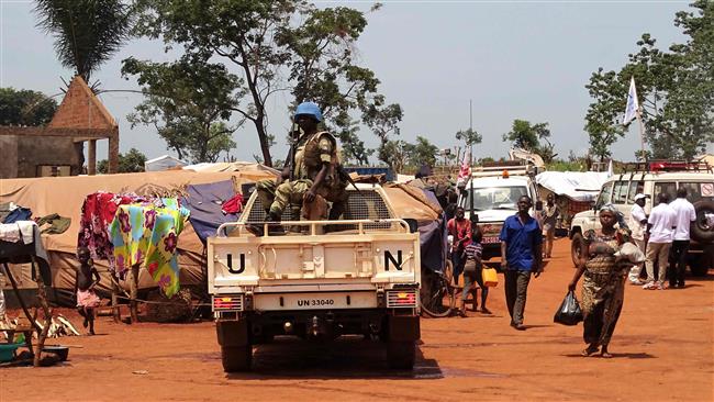 This image taken on June 12, 2017 shows MINUSCA peacekeepers patrolling in the town of Bria in Central African Republic. (By AFP)

