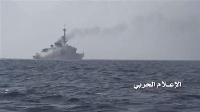 Smoke rises from al-Madinah warship in waters near the city of Hudaydah, Yemen, on January 30, 2017 after Yemeni army forces, backed by fighters from allied Popular Committees, fired a guided missile at it.
