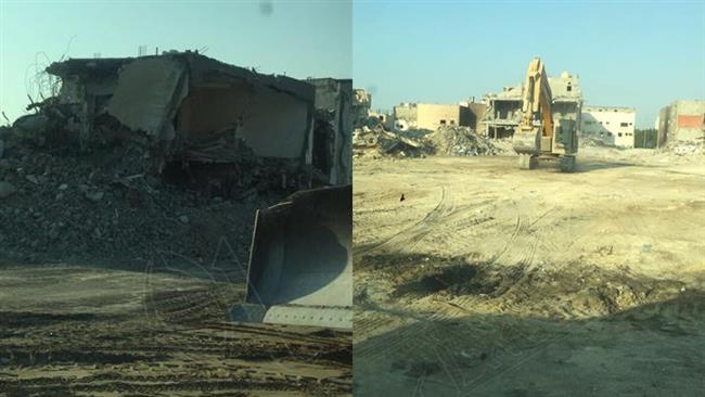 A composite picture published on the Hasannews website showing the demolition of the al-Musawara neighborhood in the Shia town of Awamiyah in Saudi Arabia.
