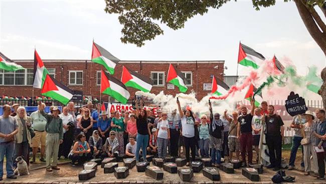 Protesters gather outside an Israeli-owned weapons company outside London. (Photo by Social media)
