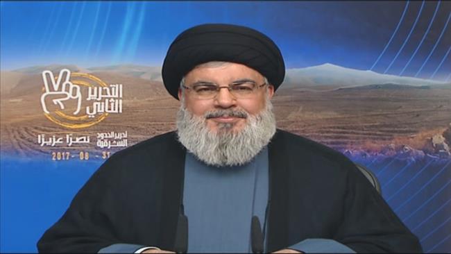 Secretary General of the Lebanese Hezbollah resistance movement Sayyed Hassan Nasrallah delivers a televised speech from the Lebanese capital Beirut on August 31, 2017.
