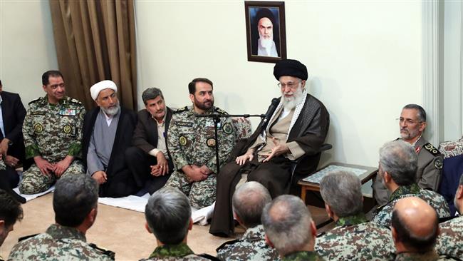 Leader of the Islamic Revolution Ayatollah Seyyed Ali Khamenei addresses commanders and officials of Iranian Army’s Khatam al-Anbiya Air Defense Base in Tehran on September 3, 2017. (Photo by Khamenei.ir)
