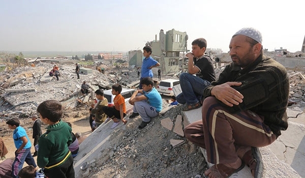 Gazan People on ruins of their houses demolished by Israeli forces