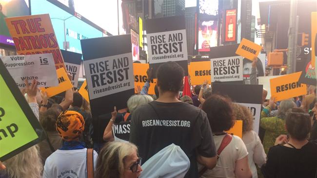 People rally to protest against US President Donald Trump’s racist policies in New York on Monday. (Photo from social media)
