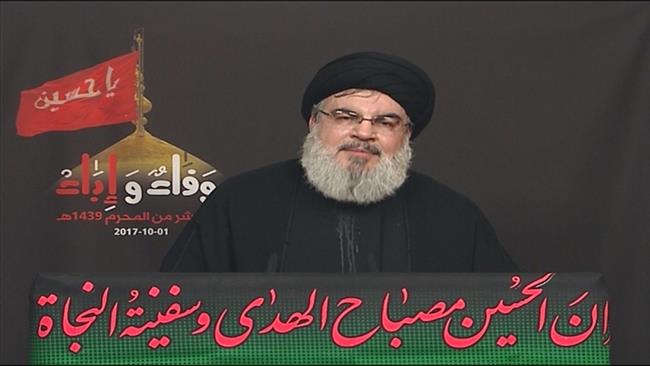 The still shows Hezbollah Secretary General Sayyed Hassan Nasrallah speaking on October 1, 2017.
