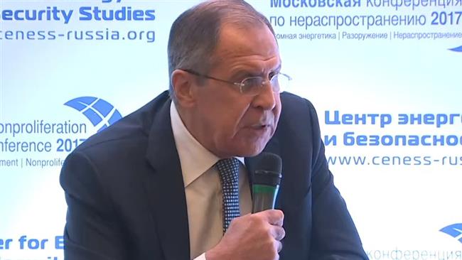 Russian Foreign Minister Sergei Lavrov speaks at the 2017 Moscow Nonproliferation Conference at the Center for Energy and Security Studies on October 20. (Photo by RT)
