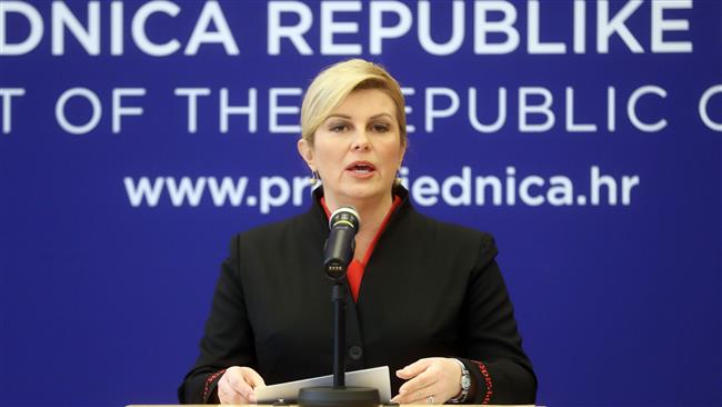 Croatian President Kolinda Grabar-Kitarovic addresses a press conference in Zagreb on November 30, 2017, a day after the suicide of former military commander Slobodan Praljak at the International Criminal Tribunal for the former Yugoslavia (ICTY) during the trial of six Bosnian Croat wartime leaders in The Hague. (Photo by AFP)