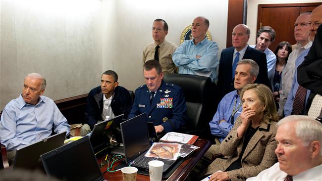The US national security team gathered on May 2, 2011 in the White House Situation Room to monitor the progress of the American mission to assassinate Osama bin Laden.
