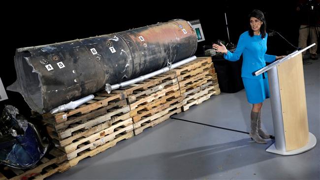 US Ambassador to the United Nations Nikki Haley briefs the media in front of what she claims to be remains of a ballistic missile fired at Saudi Arabia’s capital by Yemeni forces, December 14, 2017. (Photo by Reuters)
