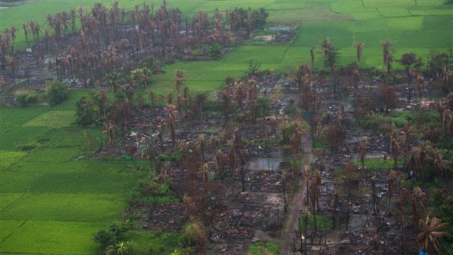  This file photo taken on September 27, 2017 shows and aerial view of burnt villages near Maungdaw in Myanmar’s Rakhine state. (By AFP)
