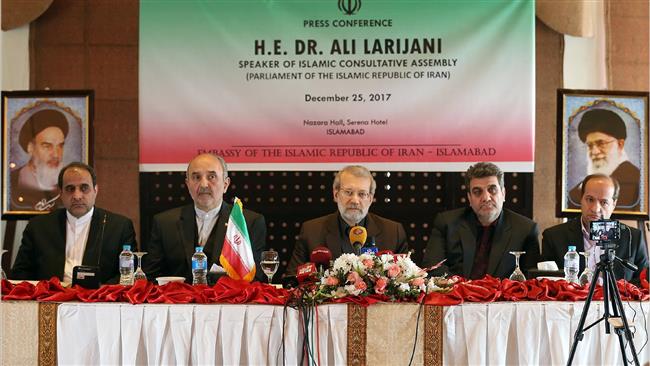 Iranian Parliament Speaker Ali Larijani (C) speaks to reporters in Islamabad, Pakistan, on December 25, 2017. (Photo by ICANA)
