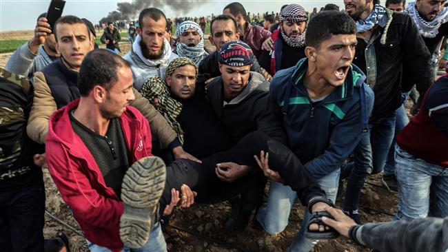 Protesters carry a wounded Palestinian during clashes with Israeli regime forces east of Khan Yunis, in the southern Gaza Strip, December 29, 2017. (Photo by AFP)
