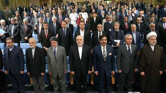 Iranian and foreign dignitaries, including Foreign Minister Mohammad Javad Zarif (4th R, 1st row), are seen at the venue of Tehran Security Conference on January 8, 2018. (Photo by IRNA)
