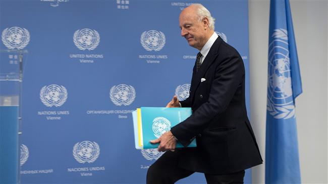 The UN special envoy for Syria, Staffan de Mistura, attends a press statement at the UN office in Vienna on January 27, 2018. (Photo by AFP)