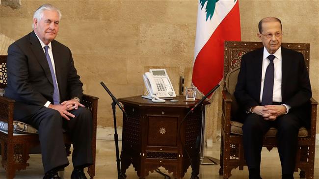 US Secretary of State Rex Tillerson (L) meets with Lebanese President Michel Aoun at the presidential palace in Baadba on the outskirts of the capital Beirut, on February 15, 2018. (Photo by AFP)
