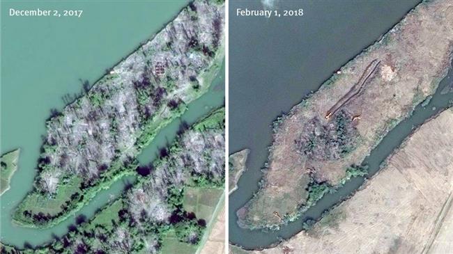 Satellite imagery released by DigitalGlobe shows scenes before and after the clearing of the destroyed village of Myar Zin village in Myanmar’s western Rakhine State.
