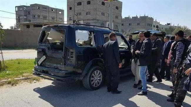 The picture taken from social media shows the site of a bomb blast that hit the convoy of Palestinian Prime Minister Rami Hamdallah in the besieged Gaza Strip on March 13, 2018.
