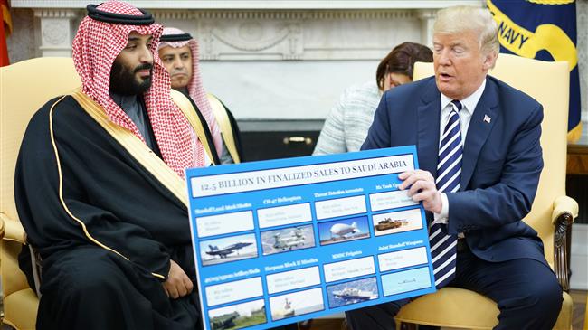 US President Donald Trump (R) holds an arms sales chart with Saudi Arabia