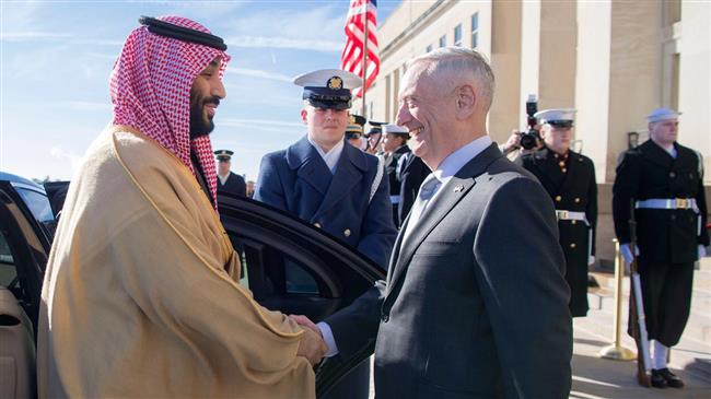 An AFP file photo shows Saudi Crown Prince Mohammed bin Salman (L) shaking hands with US Secretary of Defense James Mattis during his reception at the Pentagon on March 22, 2018.
