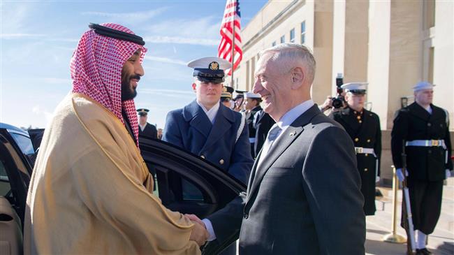 A handout picture provided by the Saudi Royal Palace on March 22, 2018 shows Crown Prince Mohammed bin Salman (L) shaking hands with US Secretary of Defense James Mattis during his reception at the Pentagon in Washington, DC. (Via AFP)
