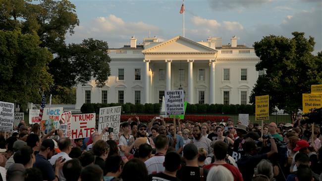 A file photo shows anti-racism protesters rally outside the White House.
