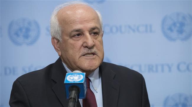 Palestinian Ambassador to the United Nations Riyad Mansour speaks to reporters before emergency Security Council consultations on the situation in the Gaza Strip, on March 30, 2018 at United Nations headquarters, New York. (Photo by AP)
