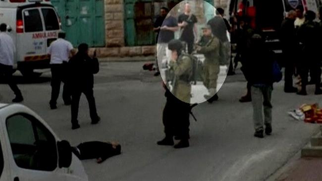 Frame grab shows the moment Israeli trooper Elor Azaria shoots wounded Palestinian Abdel al-Fattah Yusri al-Sharif in the head in the city of al-Khalil (Hebron) in the south of the West Bank in March 2016.
