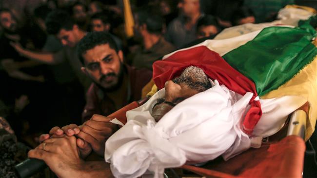 Palestinian mourners carry the body of Moein al-Saai, who died from wounds he sustained while protesting at the border between the Gaza Strip and occupied territories, during his funeral in Gaza City on May 19, 2018. (Photo by AFP)
