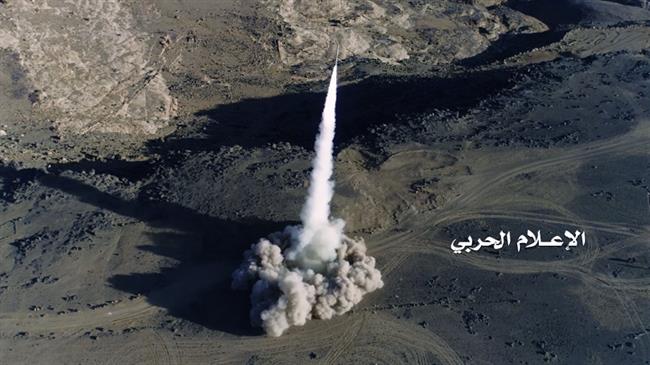 This file picture shows a domestically-designed and -developed Badr-1 ballistic missile shortly after launch in Yemen. (Photo by the media bureau of Yemen’s Operations Command)
