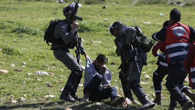 An Israeli soldier pulls an injured Palestinian demonstrator in the West Bank town of Birzeit, near Ramallah, March 12, 2018. (Photo by AFP)
