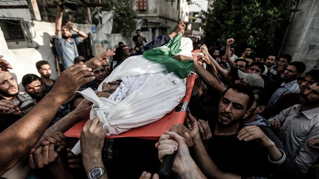 Palestinian mourners carry the body of Mohammed al-Radeia, 30, during his funeral in Beit Lahia in the northern Gaza Strip on May 28, 2018. (Photo by AFP)
