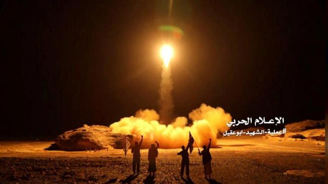 A photo distributed by the Houthi Military Media Unit shows the launch by Houthi forces of a ballistic missile aimed at Saudi Arabia March 25, 2018.
