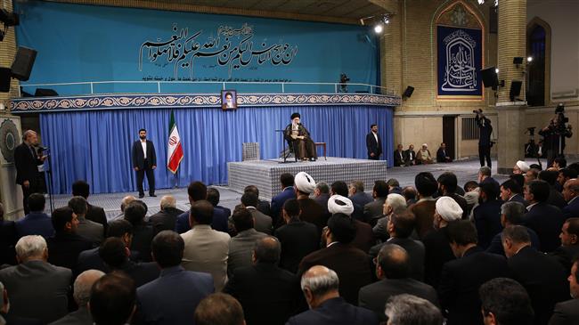 Leader of the Islamic Revolution Ayatollah Seyyed Ali Khamenei addresses Iranian parliamentarians in Tehran, June 20, 2018.
