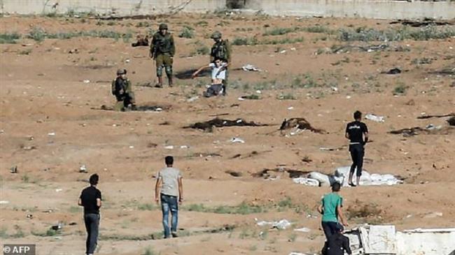 Israeli soldiers drag away a wounded Palestinian east of Jabalia in the northern Gaza Strip on June 27, 2018. (Photo by AFP)
