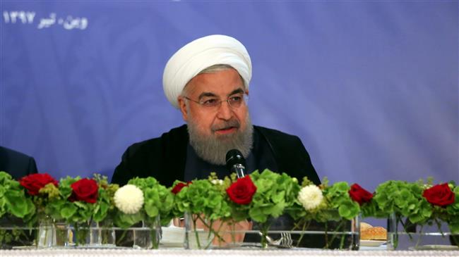 Iranian President Hassan Rouhani addresses Iranian expatriates in the Austrian capital, Vienna, July 3, 2018.
