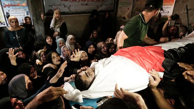 Palestinian mourners carry the body of 22-year-old Mohamad Jamal Abu Halima during his funeral in Gaza City on July 7, 2018. (Photo by AFP)
