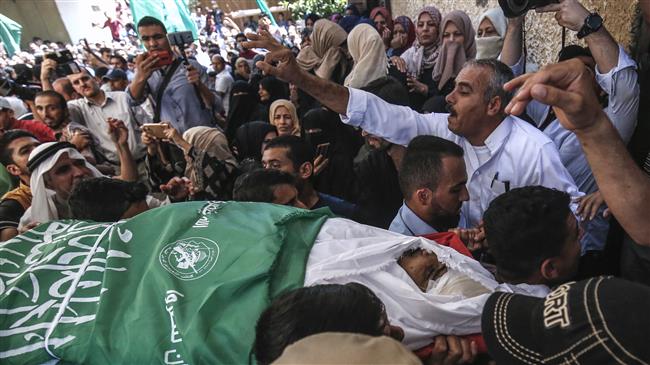 Palestinian mourners carry the body of Hamas member Mohamed Abu Daqa during his funeral in Khan Yunis in the southern Gaza Strip on July 21, 2018. (Photo by AFP)
