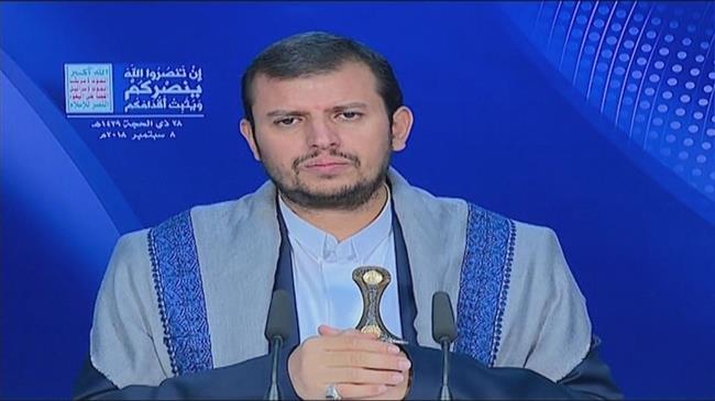 The leader of Yemen’s Houthi Ansarullah movement, Abdul-Malik al-Houthi, addresses his supporters via a televised speech broadcast live from the Yemeni capital city of Sana’a on September 8, 2018.
