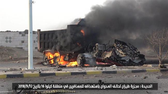 The image shows a truck targeted by a Saudi fighter jet on the outskirts of Yemen’s port city of Hudaydah on September 12, 2018. (Photo by al-Masirah)