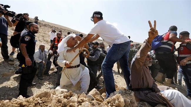 Palestinian protesters clash with Israeli military forces over the expected demolition of Bedouin village of Khan al-Ahmar in the occupied West Bank on September 14, 2018. (Photo via Twitter)
