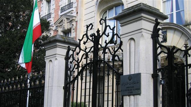 File photo shows the entrance of the Islamic Republic of Iran’s Embassy in Paris.
